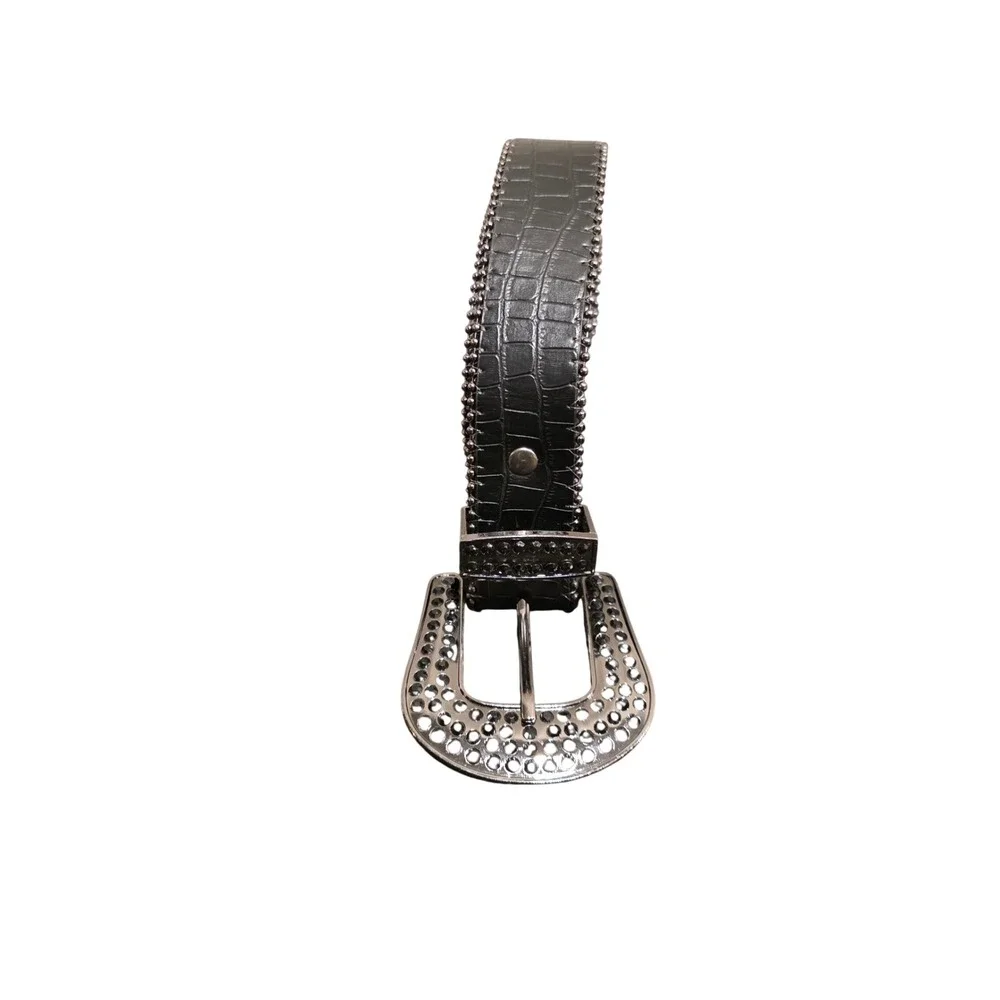 Western Black‎ Rhinestone Belt Genuine Leather XL Croc Embossed Cowboy Punk